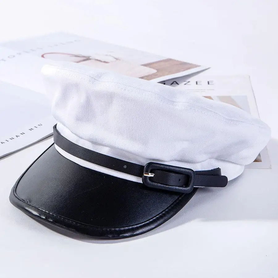 COKK Military Hat Women Leather Belt Brim Cotton Army Hat Black Hats For Women Men Flat Top Hat Female Wholesale Gorras New - Color: White