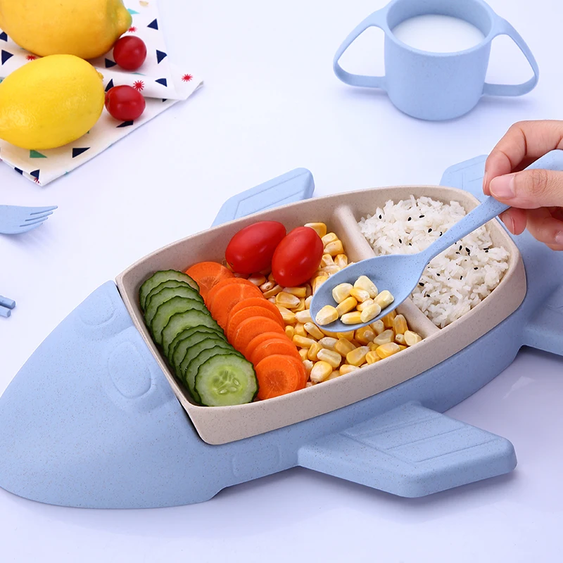 Cartoon Baby Dishes Bamboo Fiber Sub-grid Plates Creative Airplane Children Tableware For Infant Kids Feeding Dinnerware Sets