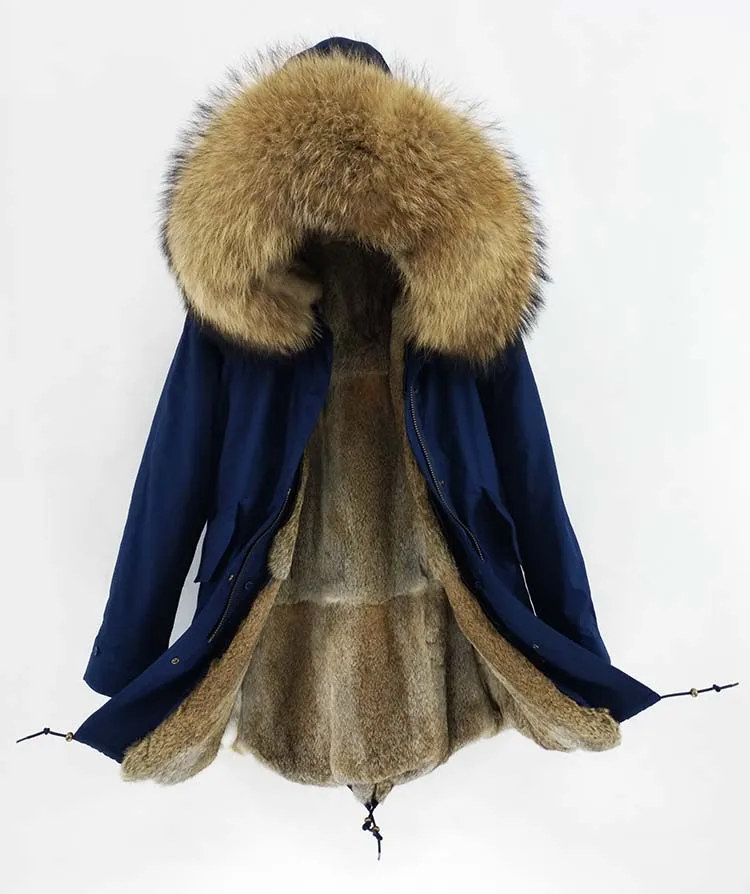 Mao KongLong парка зимняя куртка женские парки пальто из натурального меха натуральный мех енота капюшон Подкладка из натурального кроличьего меха Роскошная уличная одежда