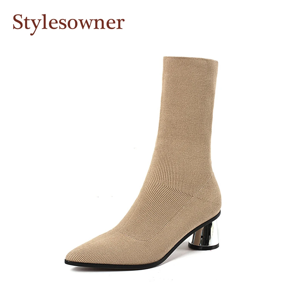 

Stylesowner 2018 New sock boots mid-calf stretch beige black electroplated thick heel autumn winter pointed toe bootie