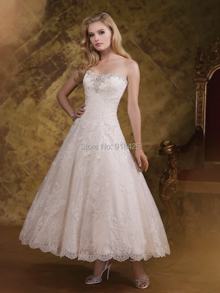 Elegant Lace Ankle Length Wedding Dress A Line Strapless Outdoor Bride