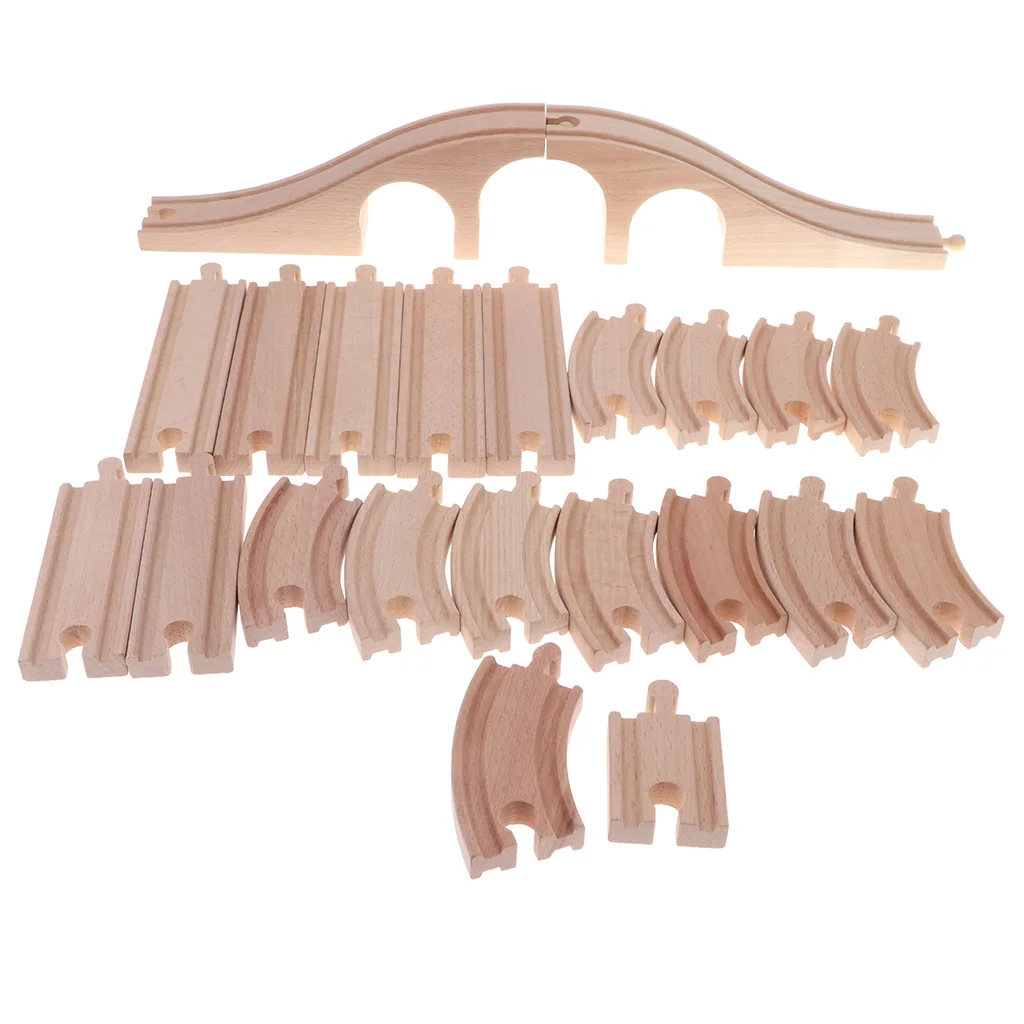 22 Piece/Pack Wooden Train Track Railway Toy for Car Vehicle Playset - Compatible with All Major Toy Train Brands Overpass Track