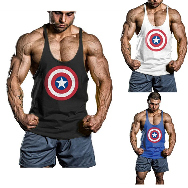 Captain America Thin Strap Tank Top Gym Men Bodybuilding Tanks Fitness