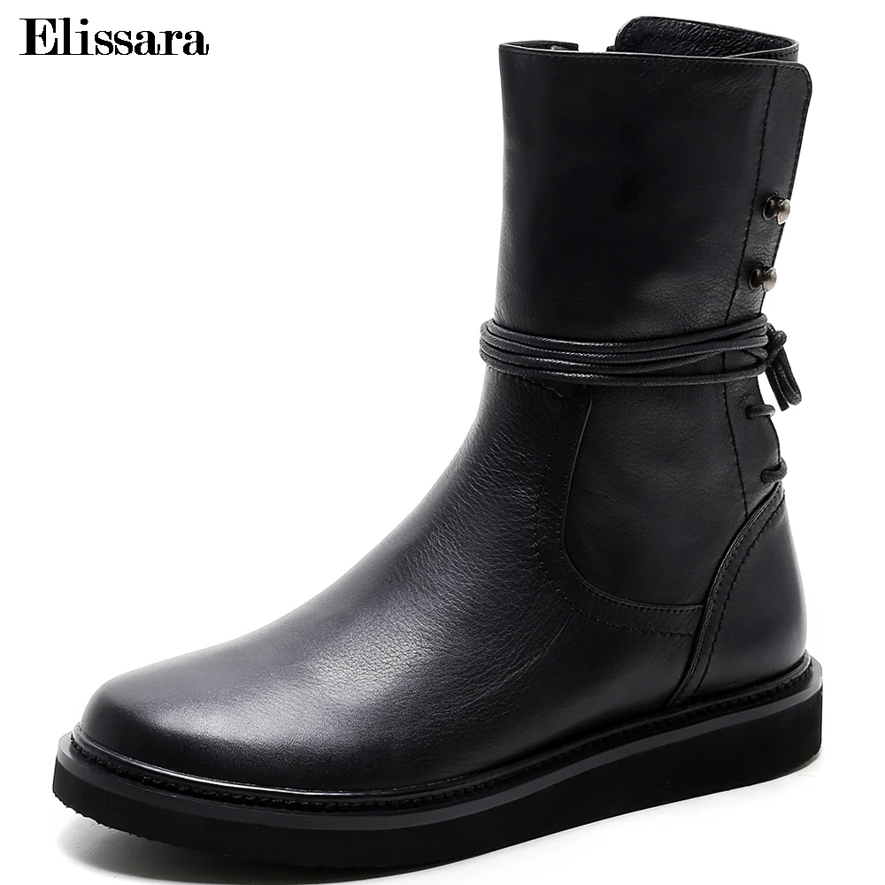 

Elissara Fashion Women Low Heels Ankle Boots Women's Natural Leather Boots Woman Zip Round Toe Boots Black