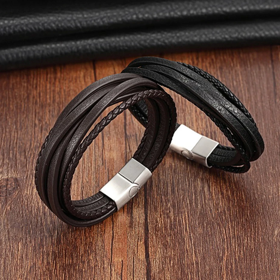 Cool Men Bracelet Stainless Steel Magnet Clasp Braid Real Leather Rope  Sport Style Chain Women Jewelry Dress Gift (8)