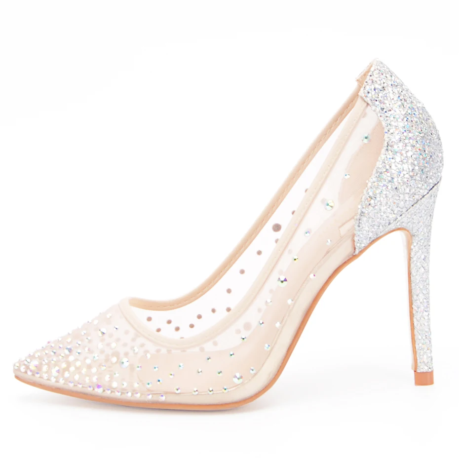 Stylesowner Hottest Lady Sexy Wedding Shoe Transparent Mesh Diamond Bling Shoes Pointed Toe Sequins Party High Heel Sapatos 41
