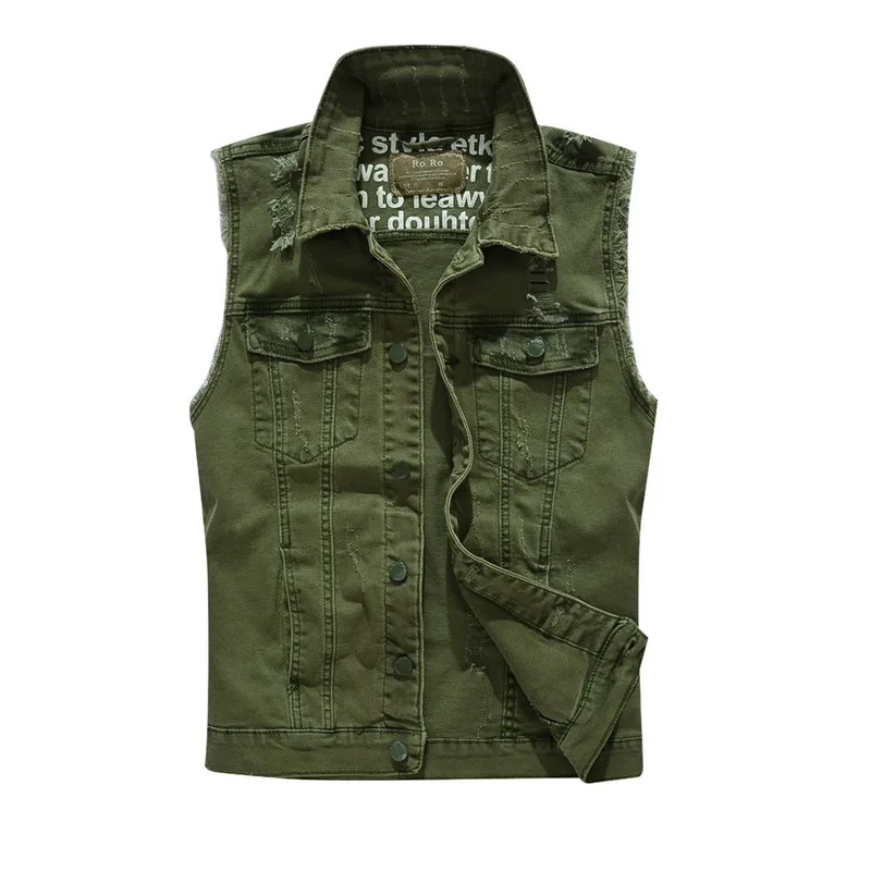 

CYSINCOS 2019 Slim Fit Cowboy Male Jacket Vest Ripped Denim Vest Men's Jacket Sleeveless Casual Waistcoat Men's Jean Coat Green
