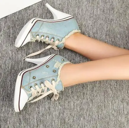 

New fashion high heel shoes woman lace-up denim pumps 2017 Super high casual shoes round toe thin heels shoes