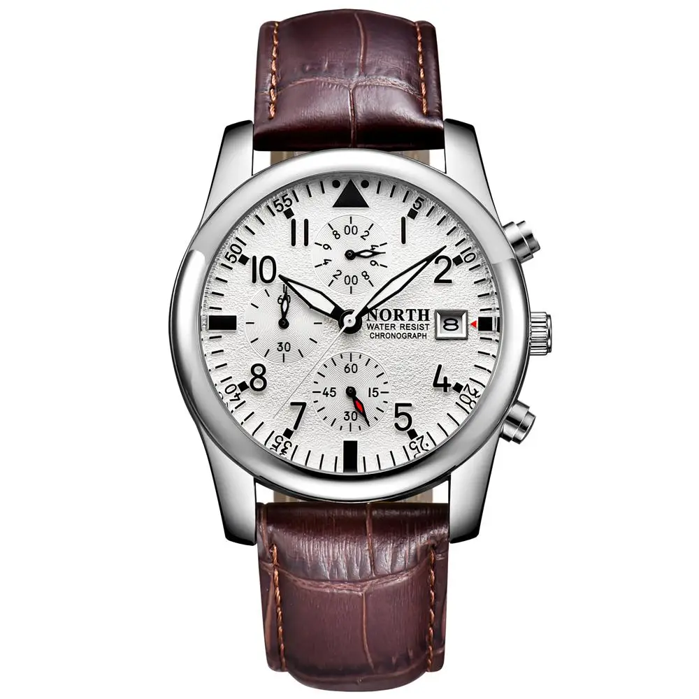 Роскошные Лидирующий бренд North мужские нарядные часы многофункциональный хронограф из натуральной кожи мужские часы водонепроницаемые повседневные деловые часы - Цвет: White Leather