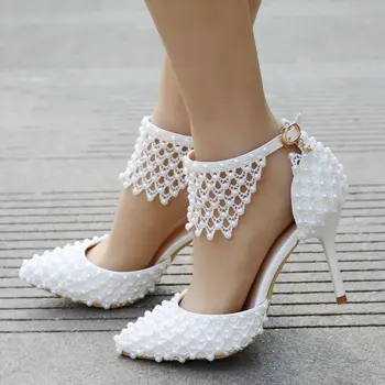 

White Pearl Wedding Shoes Bride Ankle Strap High Heels Sandals Pointed Toe Thin Heel Pumps Stiletto Valentine Luxury High Heels
