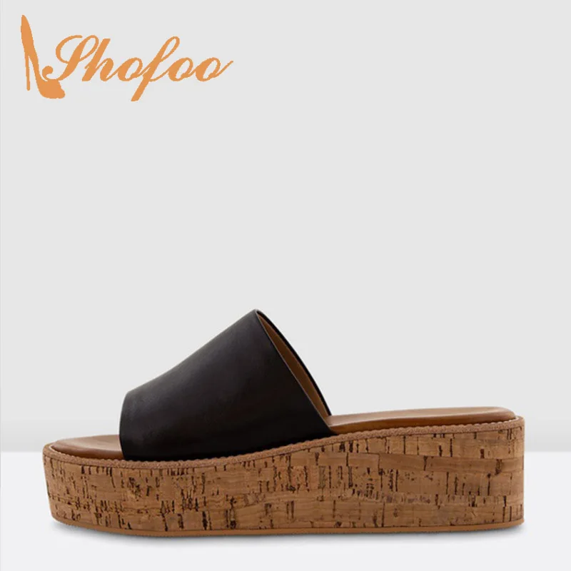 

Black Cork Platform Woman Sandals High Wedges Heels Beach Outside Slides Large Size 12 16 Ladies Summer Shoes Slippers Shofoo