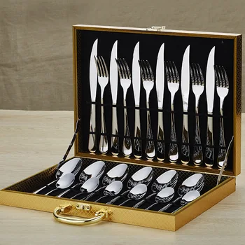 

24-Piece Set Wooden Box Stainless Steel Tableware Set 6 for Steak And Fork Spoon Cross-Border E-commerce Stainless Steel the Wes