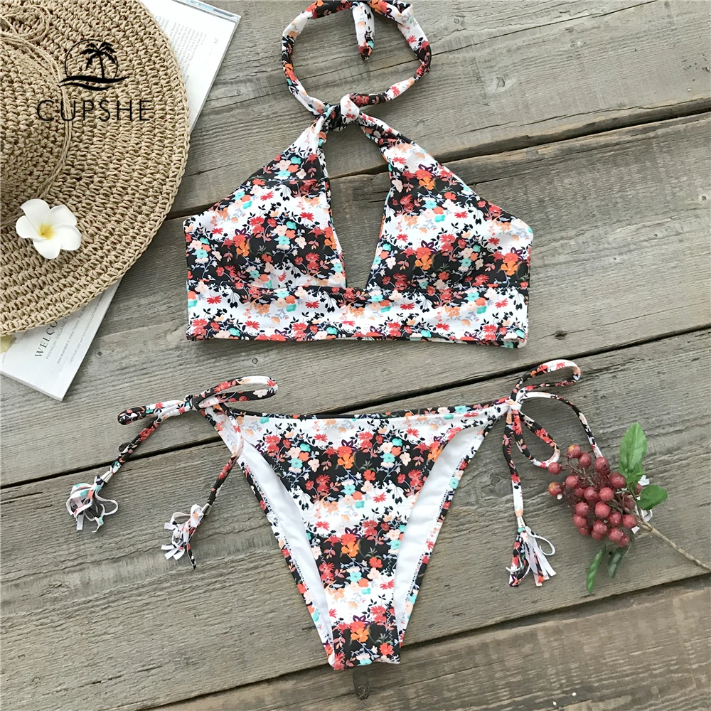 CUPSHE Flora Print Halter Bikini Set Women Cutout Sexy Tied Bottom ...