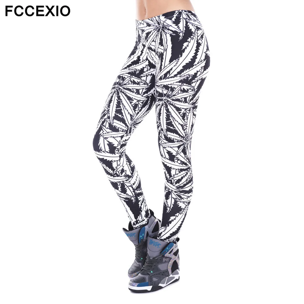 

FCCEXIO Fashion Stretch Leggings Gray Weed Stripes Printing Fitness legging Sexy Silm legins High Waist Trouser Women Pants