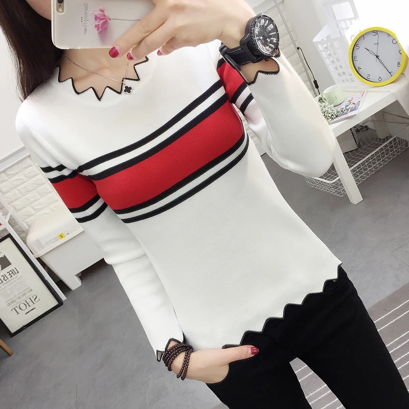 

New Women Fashion Spring Wave Edge Striped Knitted Sweater Thin Short Style Slim Pullovers Blouse Shirt Tops Female Autumn