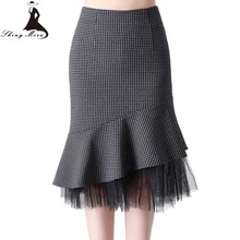 SHINYMORA весна-лето, женские юбки-трубы, сетчатые, с оборками, повседневные, Русалка, юбки длиной до колен, клетчатая, винтажная юбка