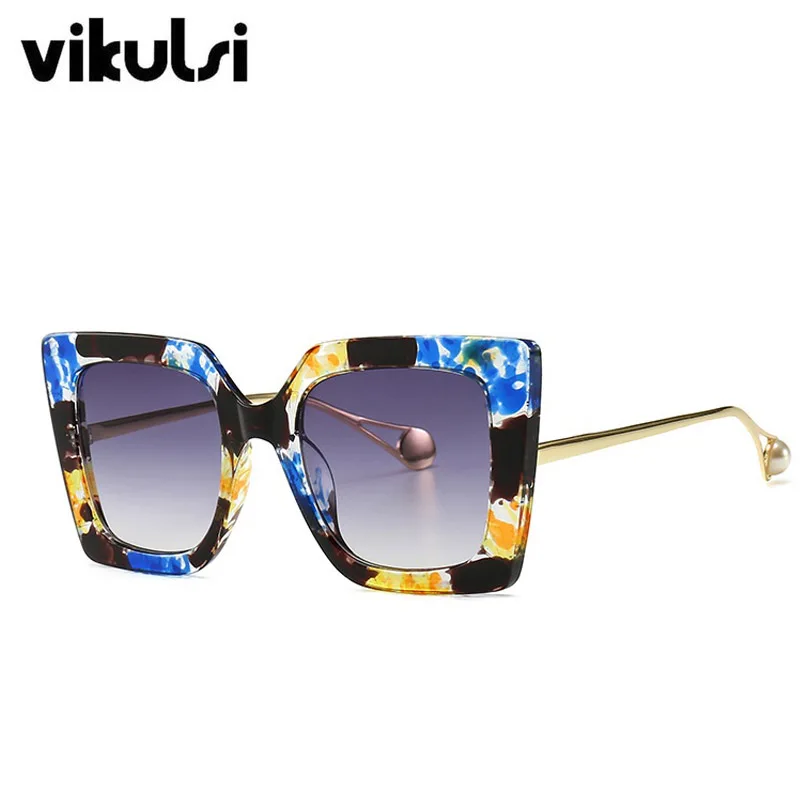 

2019 Fashion Brand Designer Cat Eye Sunglasses Women Square Pearl Sun Glasses Cateye Vintage Oversize Female Blue Flower Points