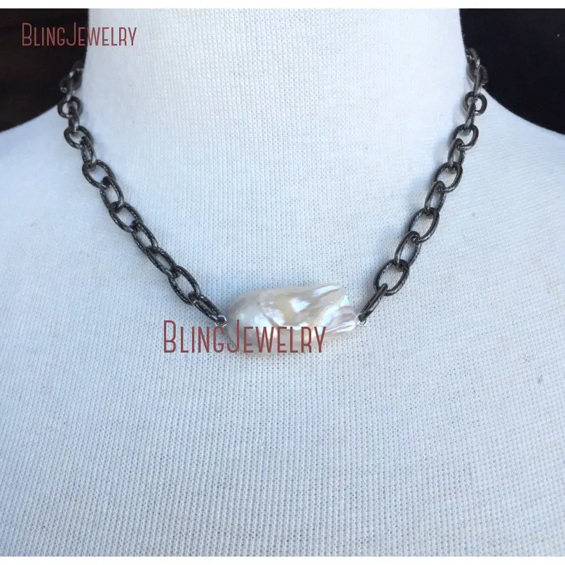 20181011-NM18366-white freshwater baroque pearl short necklace on oxidized silver plated chain_2