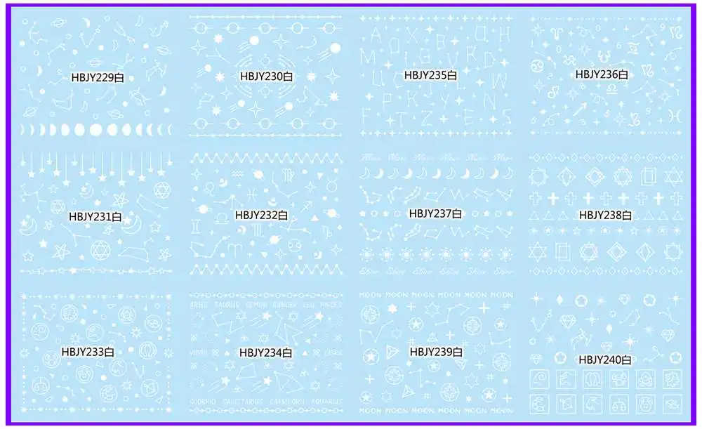 12 шт./лот, самоклеющиеся 3D наклейки для ногтей, татуировки, белый, черный, золотой, серебряный, солнце, луна, звезда, галактика, созвездие, HBJY229-240 - Цвет: HBJY229-240W