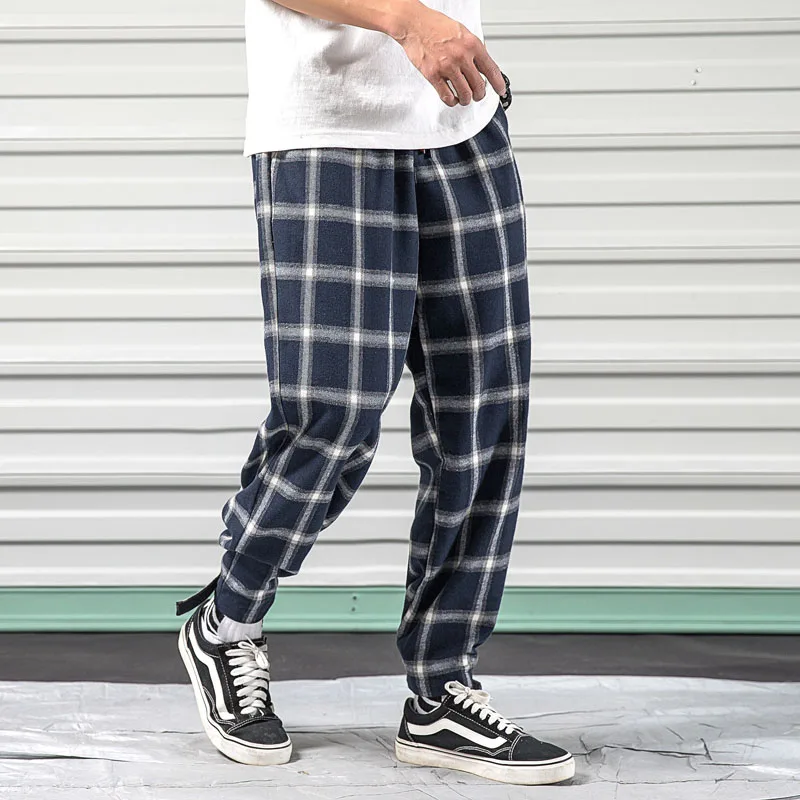 

2019 Spring Autumn Men's Plaid Pants Streetwear Ankle-Length Trousers Drawatring Waist Male Harem Jogger Pants 5XL
