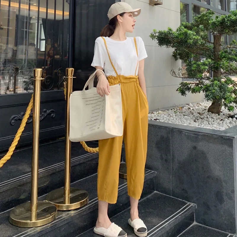 

Royal sister set young-style elegant summer short sleeved T-SHIRT high-waisted wide-leg suspender pants 2019 casual two-piece wo