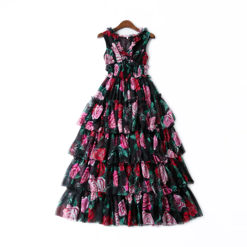 

2019 Summer France Romantic Prairie Chic Rose Print Princess Dress Cascading Ruffles V-Neck Sleeveless Woman Swing Midi Dress