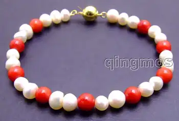 

SALE 6-7mm white Natural Pearl and 6mm Red Round natural Coral 7.5" bracelet-270 Free shipping Wholesale/retail free shipping