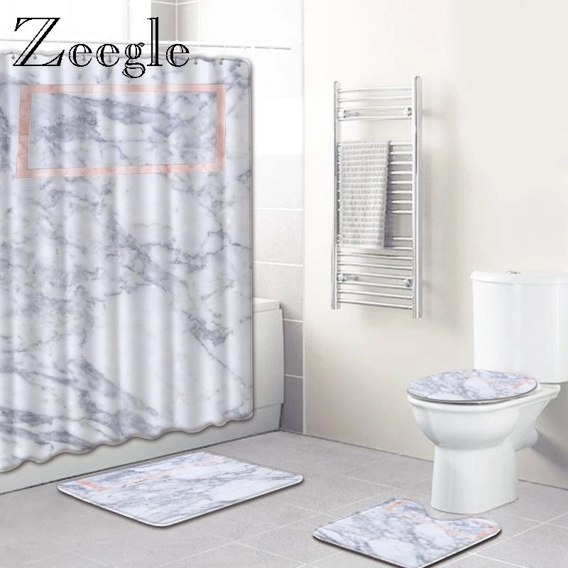Online Zeegle Marmor Muster Bad Matte mit Dusche Vorhang Set Weiche Sockel Teppich Deckel Wc Abdeckung Wasserdicht Dusch Vorhang mit Haken