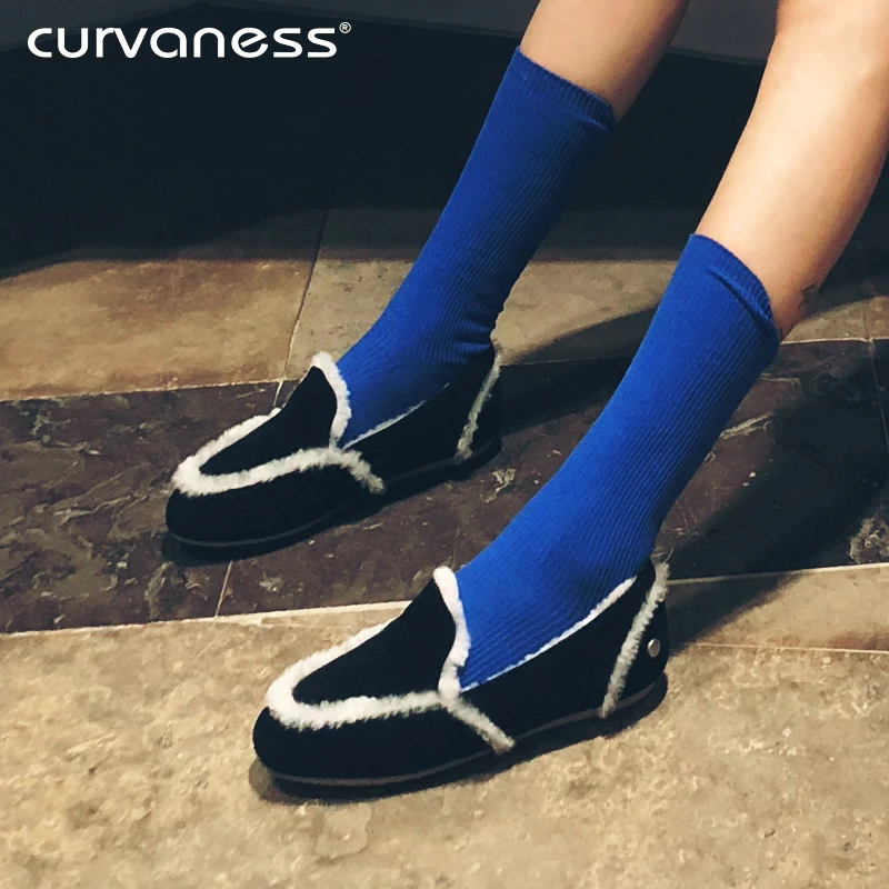 

Curvaness 2018 New Australian Fur one Foot Pedal Lazy Lok Fu Shoes Peas Shoes Thick Bottom Plus Velvet Cotton Shoes Women