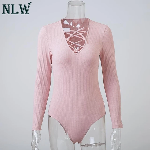 NLW Women Long Sleeve Skinny Bodysuit Sexy Basic Solid Pink Bodysuit