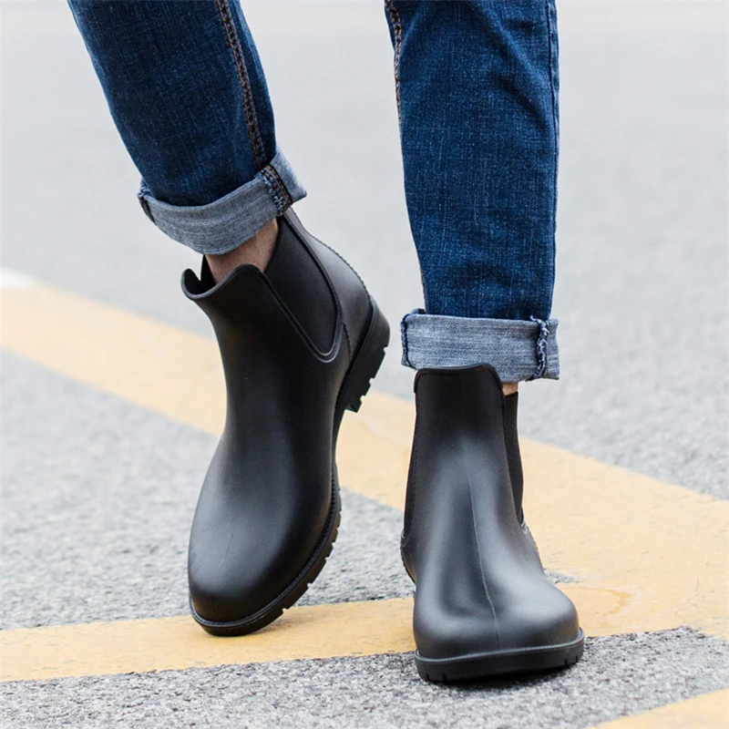 

slip-on waterproof ankle boots Men rubber rain boots fashion black chelsea boots