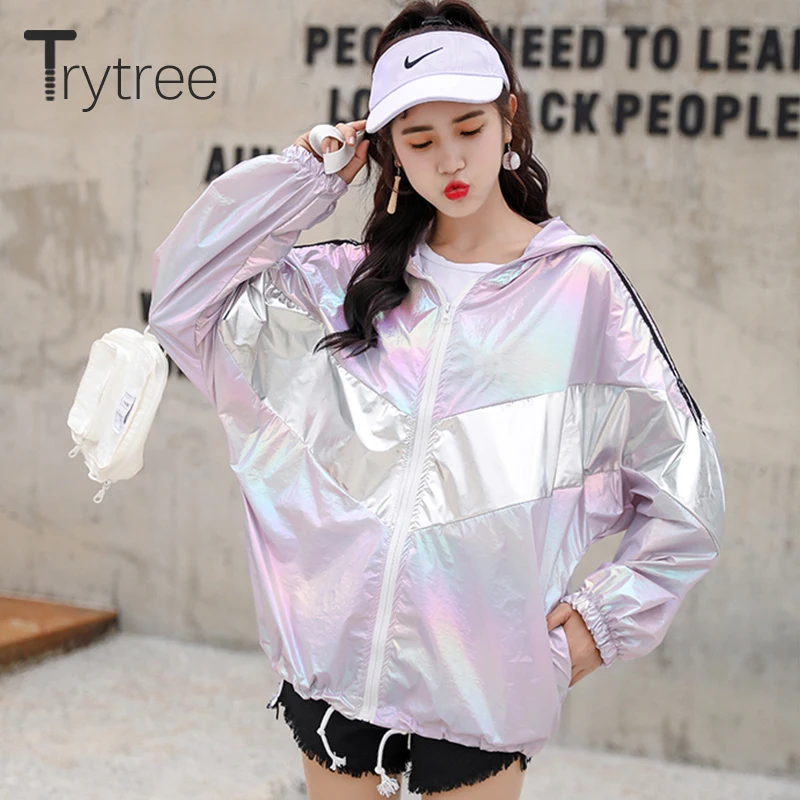 

Trytree Summer Autumn Hooded Satin Trench Casual Zipper Pockets Women Patchwork Polyester Workout Tops sun-protective Thin coat