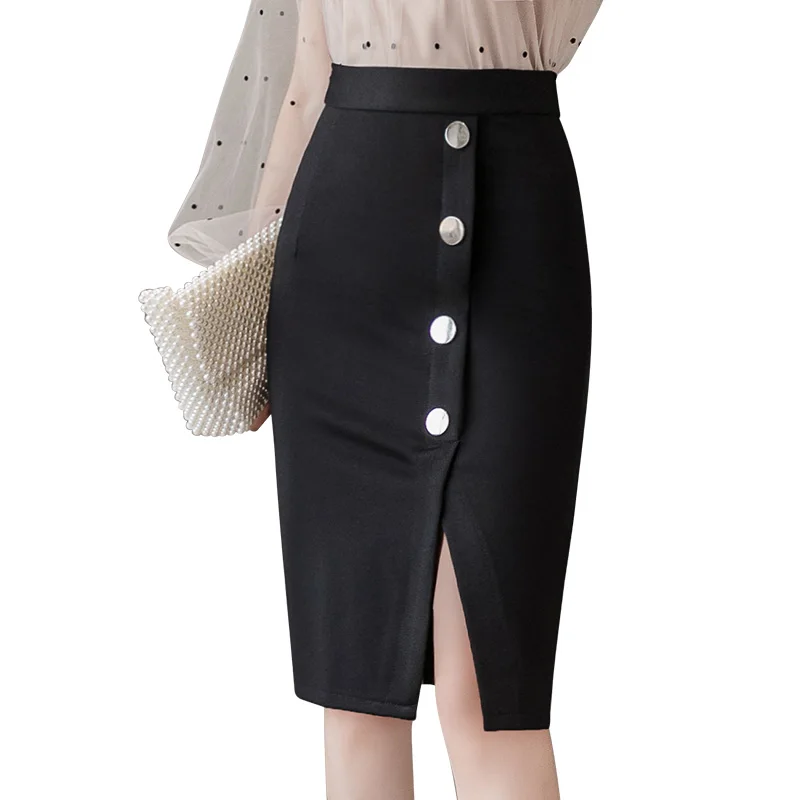

2019 New High Waist Single Breasted Package Hip Skirt Women Autumn Elegant Side Slit Pencil Skirt Office Lady Midi Skirt Black/R