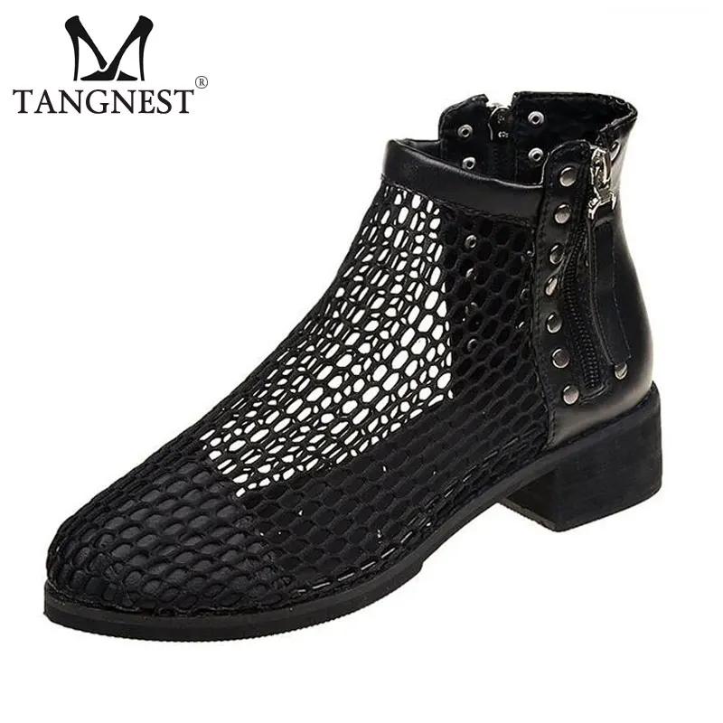

Tangnest NEW 2018 Summer Women's Boots Fashion Breathable Network Ankle Boots For Women Pu Leather Patchwork Low Heel Shoes