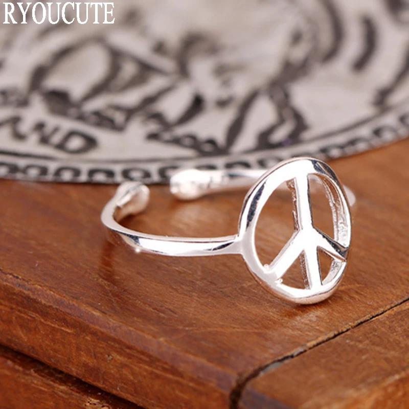 

New 925 Sterling Silver Peace Sign Note Rings for Women Adjustable Size Round Rings Fashion Wedding Sterling Silver Jewelry
