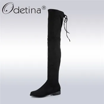 

Odetina 2017 Fashion Women Faux Suede Over The Knee Boots Chunky Low Heel Thigh High Boots Lace Up Autumn Shoes Big Size 34-43