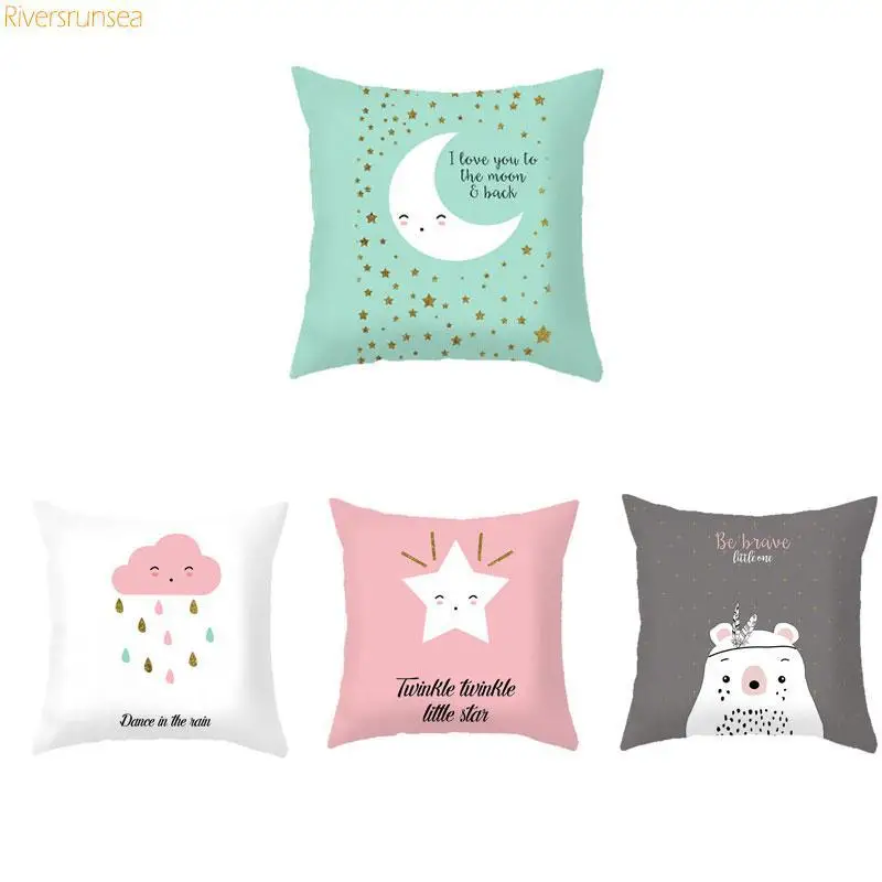 

Kawaii Bear Rabbit Decorative Cushion Covers Cartoon Mountain Print Nordic Pillow Case Cute Cloud Raindrop Moon Star For Kids