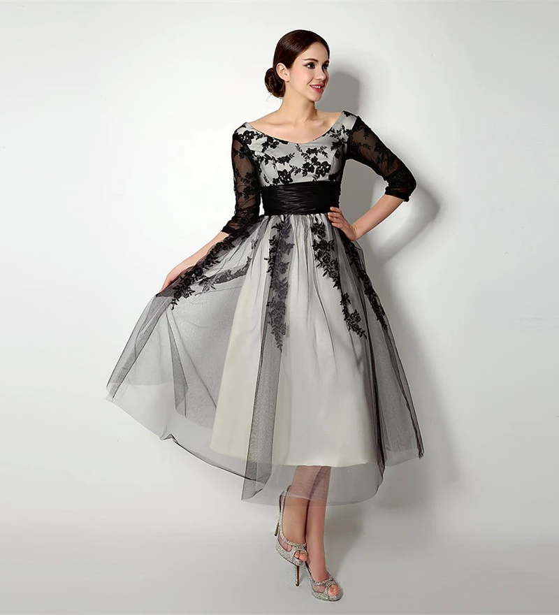 black and white tea length wedding dresses