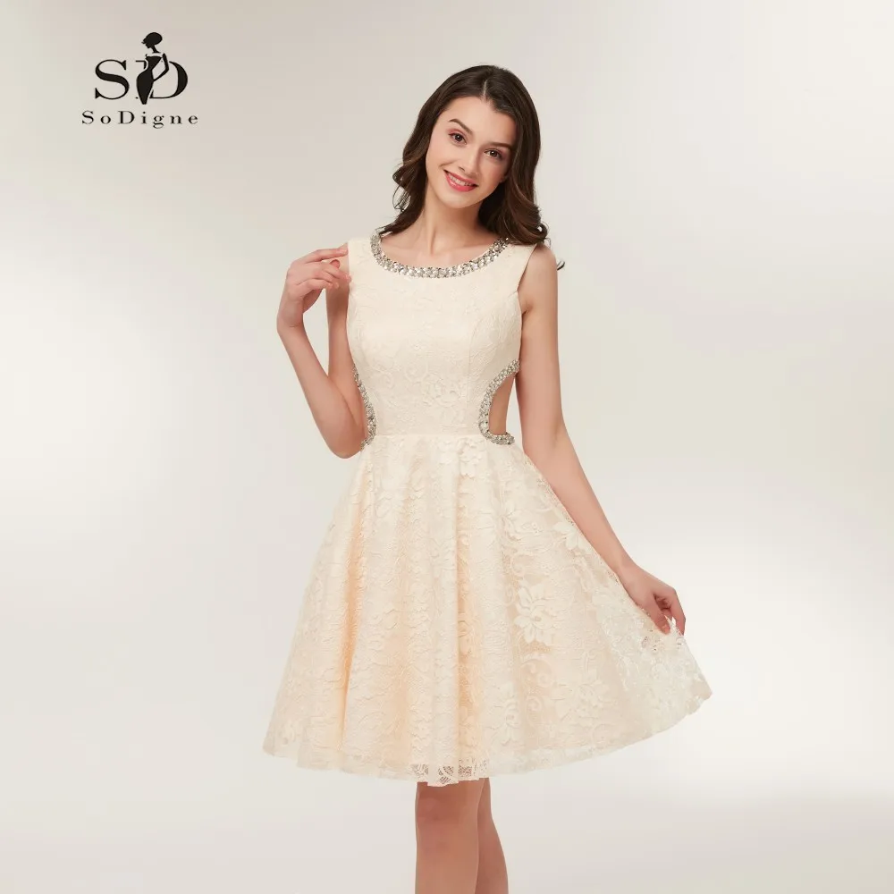 

Prom Dresses 2018 Beads Short Lace Dresses Cheap Party Dress for girls New Arrival A-line Mini Dress