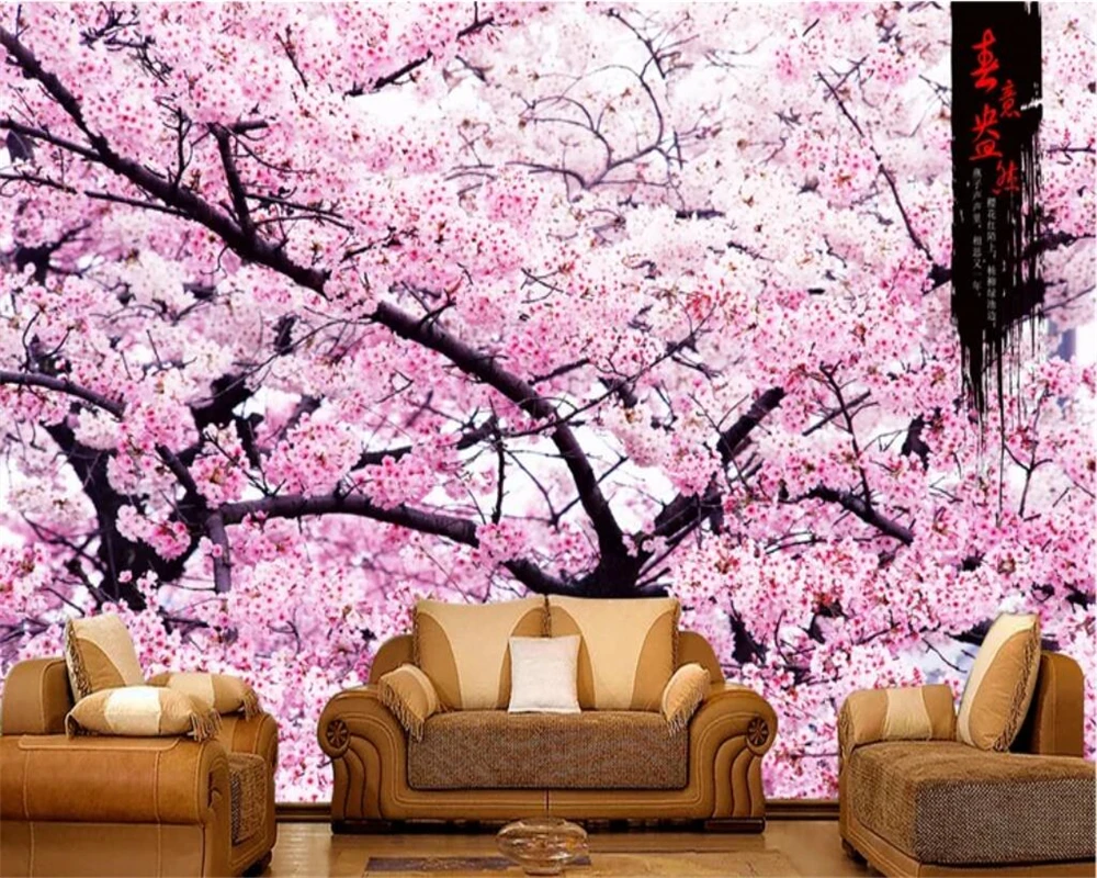 

beibehang 3D photo custom mural wall beautiful romantic cherry blossom love TV sofa living room bedroom 3D TV background wall