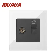 MVAVA TV + TEL Sokcet White Tempered Glass RJ11 Telephone and Television Socket Jack Outlet Wall Socket Free Shipping manufacture livolo white crystal glass panel 2 gangs wall tv and tel socket outlet vl c7 1vt 11 without plug adapter