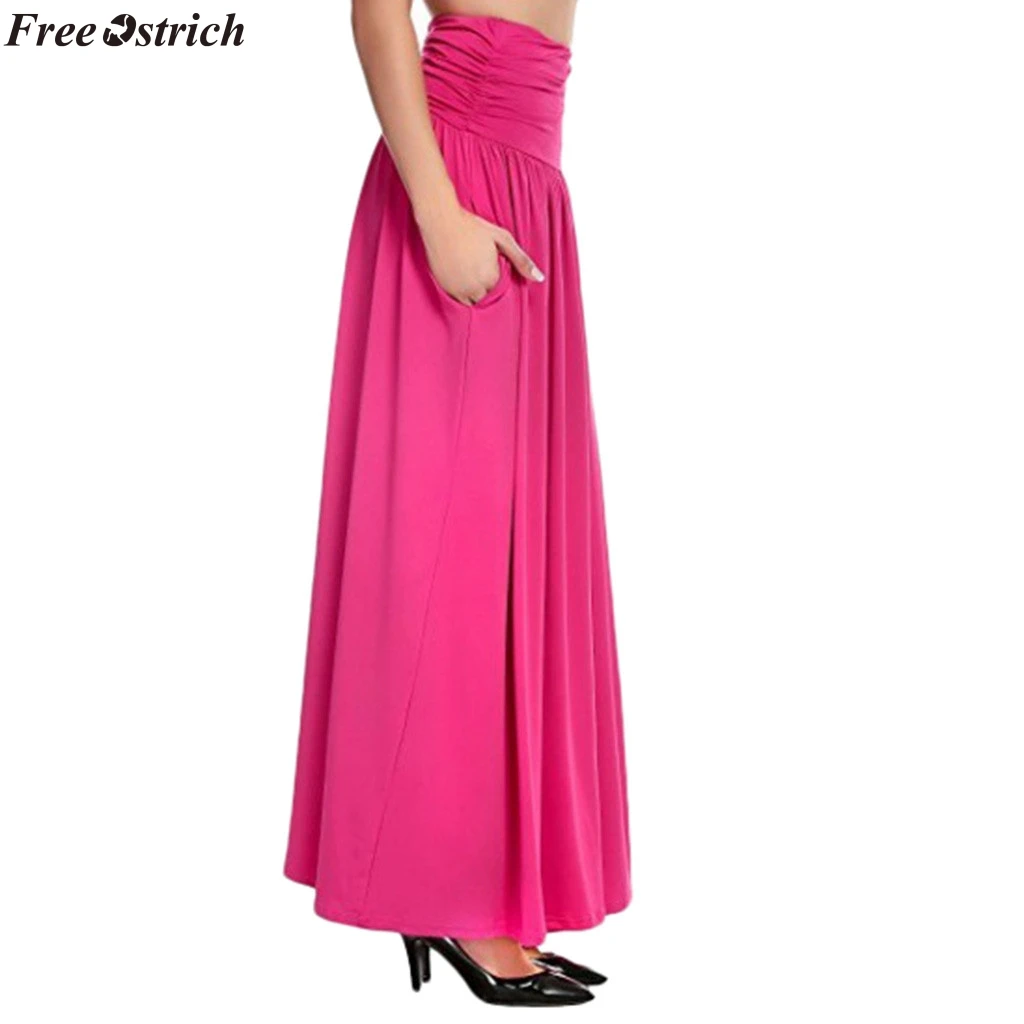 Свободная Женская Однотонная юбка макси с высокой талией, Женская Повседневная Длинная юбка, женская летняя плиссированная юбка размера плюс 1