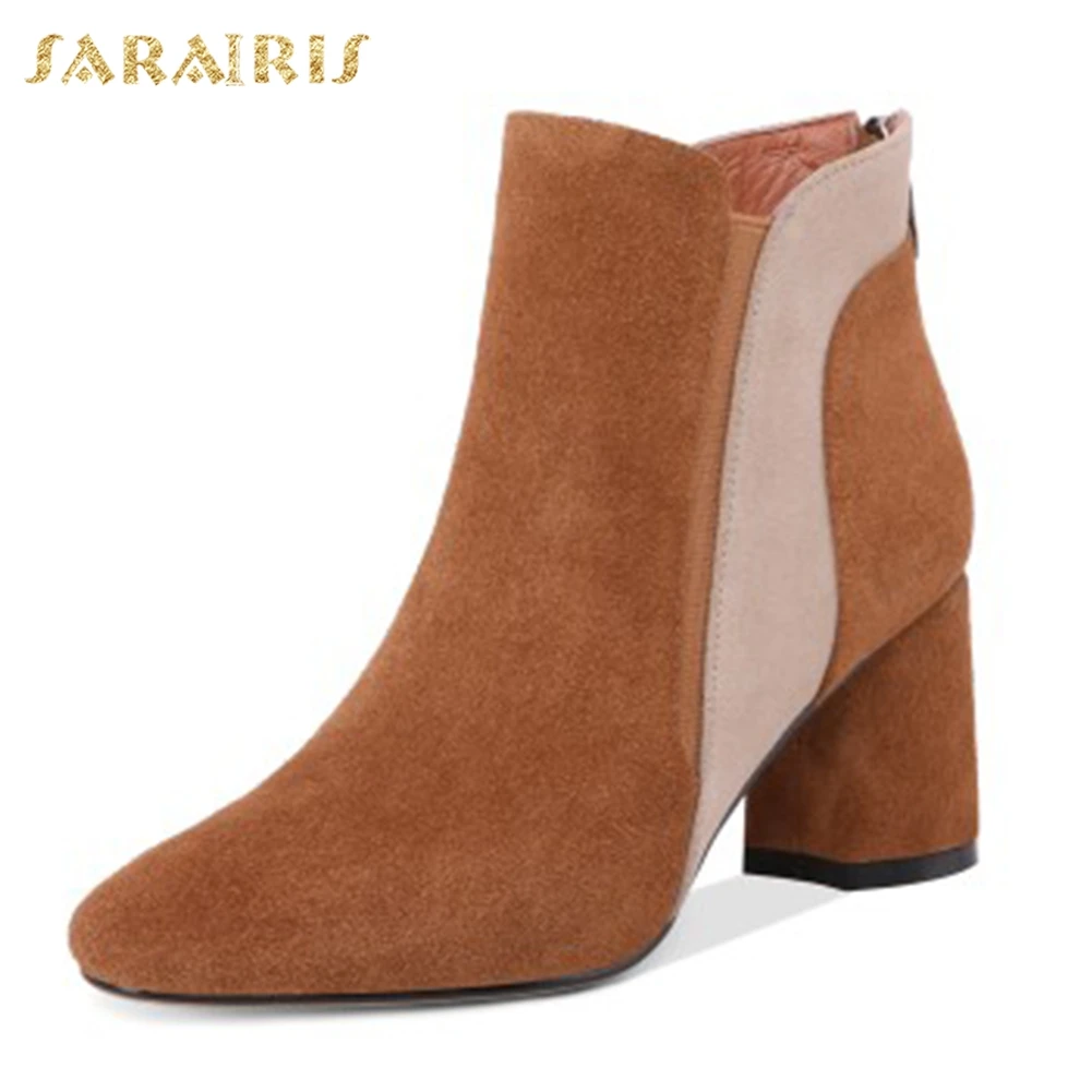 

Sarairis New Arrivals Cow Suede Hot Mix Color Ankle Boots Woman Shoes Zip Up Chunky High Heels Colors Shoes Woman Boots Female