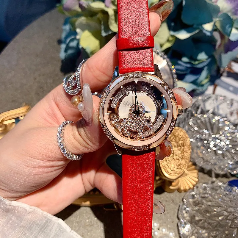 Личность розового золота вращающийся Diamond Dial Для женщин часы моды коричневый кожаный ремешок кварцевые женские часы relojes para mujer