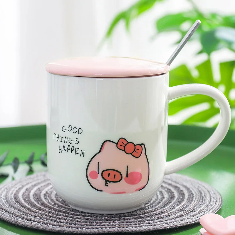 400ml Cute cartoon pink pig ceramic mug with lid spoon,Porcelain Mugs Personality Ceramic Coffee Cup Fun TeaCup Drinkware - Цвет: 04