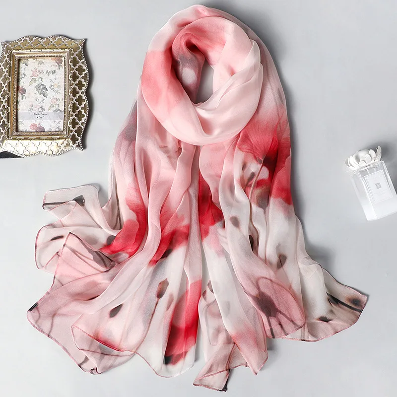 Натуральный шелковый шарф для женщин Новая мода цветочный принт шали и обертывания Тонкий Длинный Пашмины женский платок Бандана Хиджаб шарфы