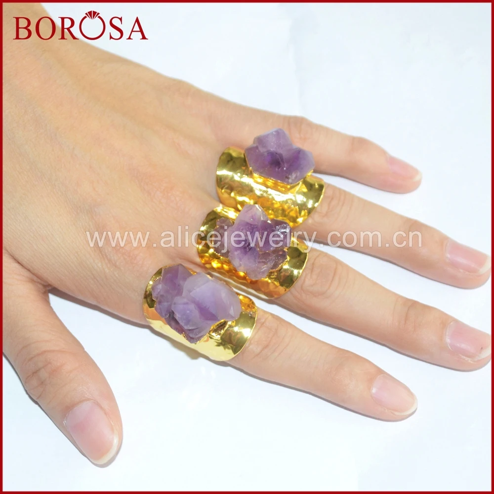 BOROSA Мода 5 шт. грубые аметисты кольцо с золотой полоской кристалл Друза
