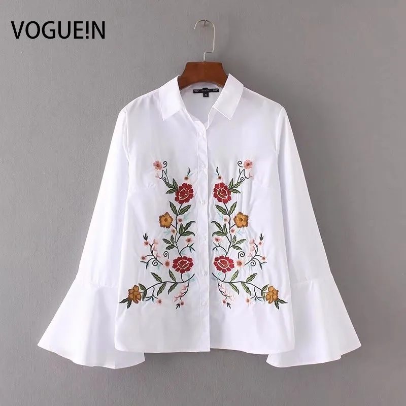 

VOGUEIN New Womens Floral Embroidery Trumpet Sleeve White Button Down Shirt Blouse Tops Wholesale