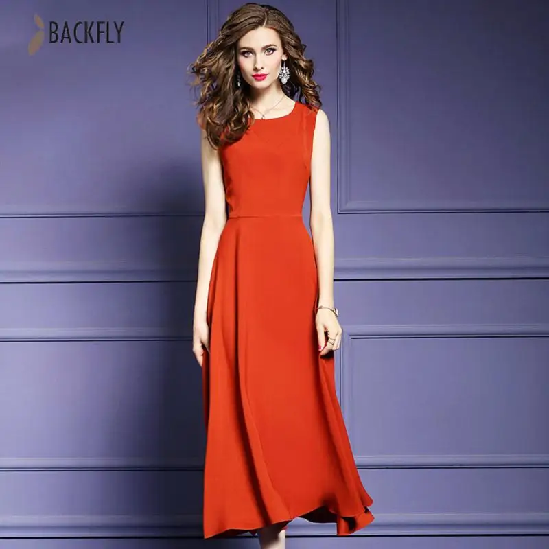 BACKFLY Women Summer Long Dress Minimalist Design Loose Dress O Neck
