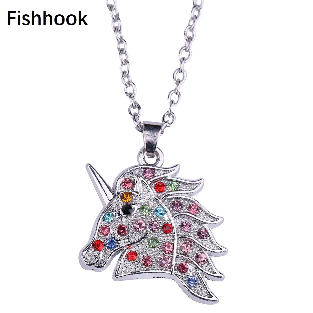 

Fishhook Unicorn Animal Colorful Crystal Rhinestone Life Pendant with Link Chain Charm for Necklace DIY Handmade Jewelry Gift
